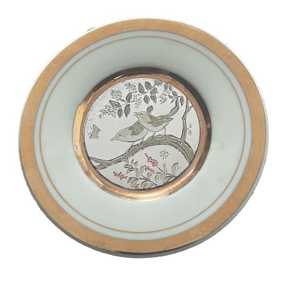 The Art of Chokin Birds In Tree Mini Plate 4" 24 KT Gold Rim Design Japan - Picture 1 of 3